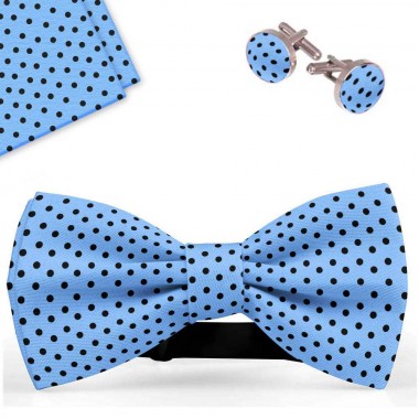 Set papion barbati, batista, butoni, bleu, buline negre